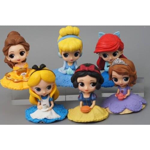 6pcs Cartoon Princess Action Figures Snow White Little Mermaid Long Hair Crystal Shoes Prince Castle Kid Gift Toy