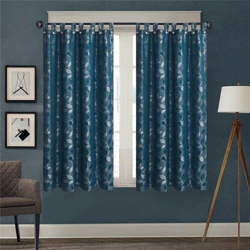 Finished Big Leaf Short Blackout Curtains for Living Room 1 Piece Blue Durable Polyester Bedroom Panels with Button Sling Newest