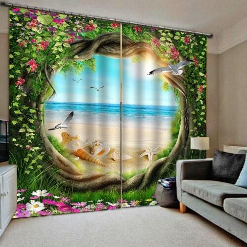 Personality scenery hole blue lake 3d curtains Bedroom living room windproof thickening blackout fabric