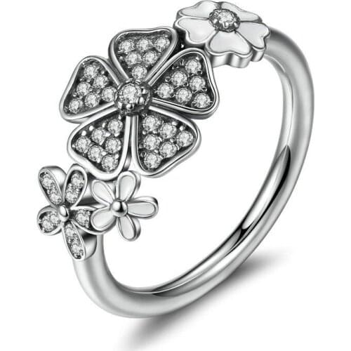 Vintage lucky FLOWER inlay Cubic Zirconia Rings for woman Silvery Party Finger Jewelry Gift Dropshipping