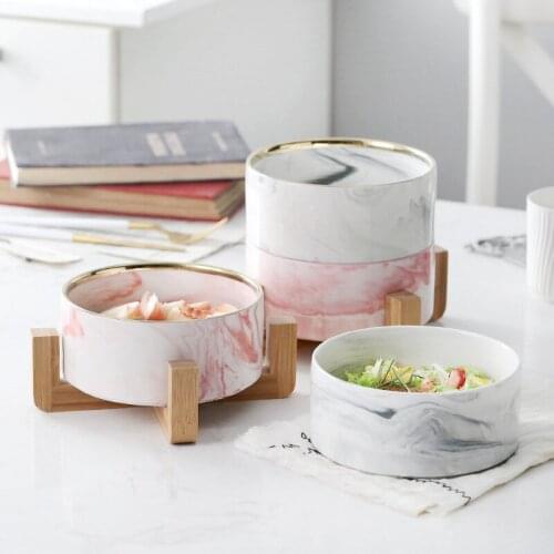 Creative Marble Bamboo Shelf Salad Bowl Western Fruit Dessert Bowl Western Food Cold Ceramics Tableware