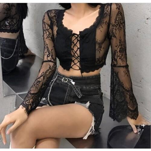 Summer short crop midriff sexy semi - translucent lace small stretch cardigan with long sleeves