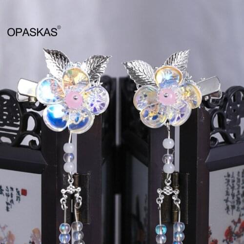 Chinese Style Sweet Big Colorful Flower Silver Leaves Decor Children Girl Hairpins Long Tassels Birthday Party Headwear VL