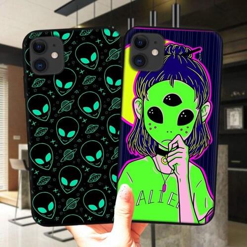 Cute Alien Space Phone Case For iPhone 11 12 Pro Max X XS XR 6 6S 7 8 Plus 5S SE 2020 12Pro 12Mini XSMax Black Silicone Cover