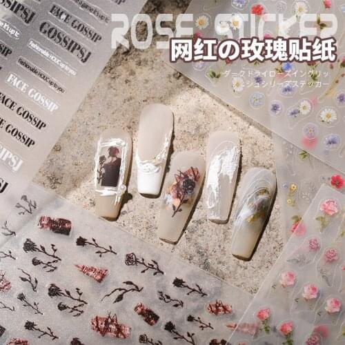 Fashion Nail Sticker Rose Daisy Flower English Letter Retro Dry Rose Adhesive Waterproof Nail Decoration Nail Art Manicure Women