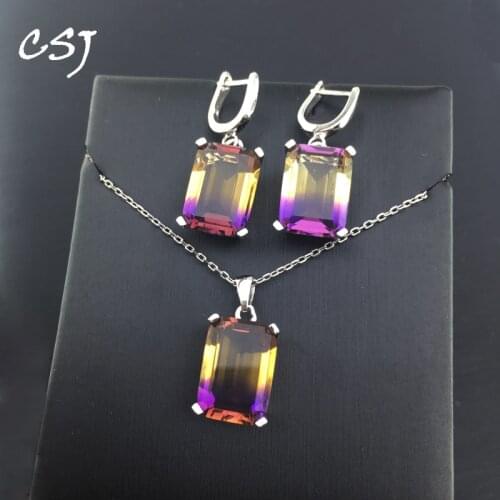 CSJ Elegant Ametrine Jewelry Sets Sterling 925 Silver Earring Pendant Fine Jewelry Women Lady Party Wedding Gift With Box