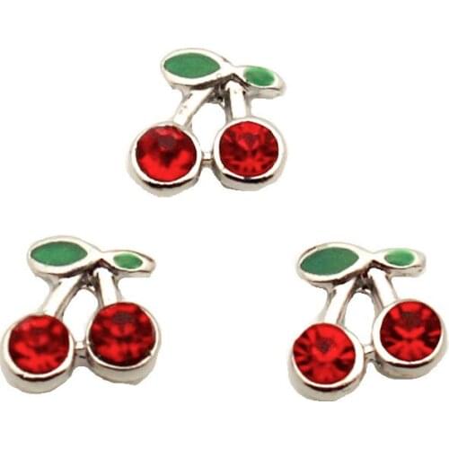 Newest 10pcs/lot Red Cherry Metal Ceystal Floating Charms For Living Glass Lockets Necklace DIY Jewelry