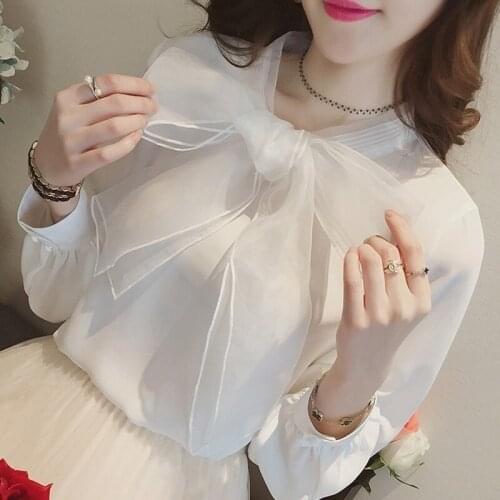 2021 Spring and Autumn New Women Sweet Bow Collar Solid Chiffon Shirt Korean Tops Long Sleeve Office Ladies Blouse Blusa Y388