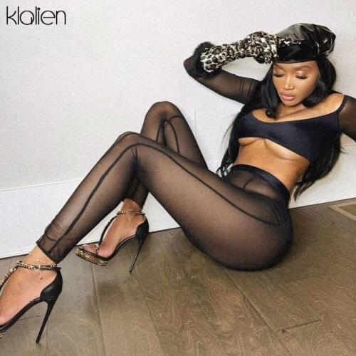KLALIEN Sexy See Through Mesh Skinny High Waist Trousers Women Summer New Casual Streetwear Female Leggings Pant Hot Sale