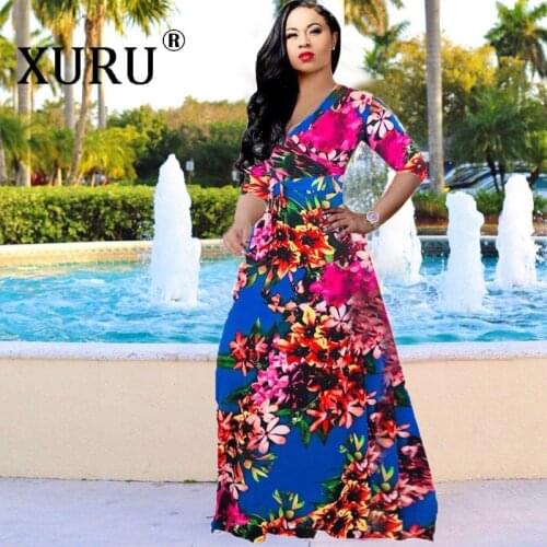 XURU summer new womens printed dress sexy V-neck seven-point sleeves large dress with belt