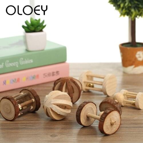 Natural Wooden Molar Chew Toy for Rabbits Hamster Guinea Pigs Dumbells Unicycle Bell Roller Small Pet Molars Exercise Supplies