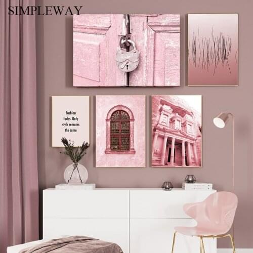 Pink Old Door Architecture Vintage Poster Building Travel Landscape Print Nordic Canvas Painting Wall Art Picture Home Decor