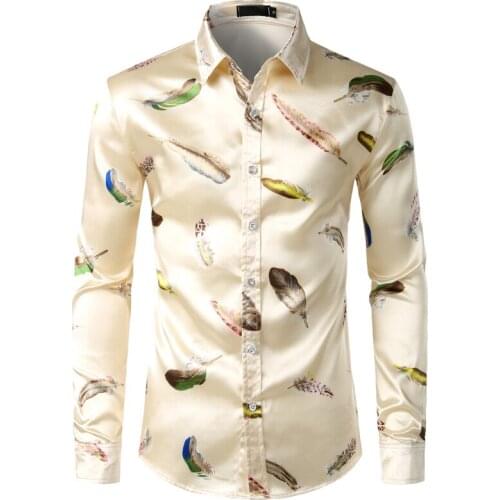 Mens Satin Silk Feather Printed Button Down Smooth Long Sleeve Shirt Slim Fit Casual Party Shirts For Men Camisas Hombre