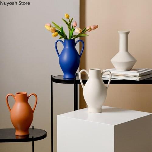 Modern Minimalist Double Ear Ceramic Vase Home Hydroponic Flower Countertop Vase Decoration Living Room Decoration Accessories