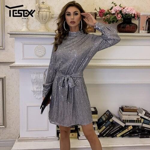 Yesexy High Neck Sexy Mini Dress Women Sequin Long Sleeve Autumn Winter Dress Elegant Female Lace Up Party Dress Vestidos M0867