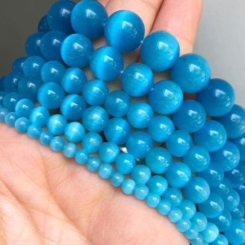Natural Cat Eye Lake Blue Opal Stone Beads Round Loose Spacer Beads For Jewelry Making DIY Bracelet Necklace 15" 4/6/8/10/12mm