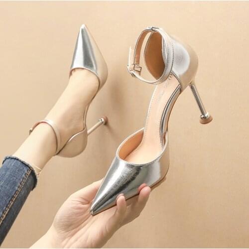 Women sandals PU Buckle Strap 6.5CM 9.5CM Thin Heels High heels Pointed Toe Shallow women shoes sandalias mujer 2020 size 35-42