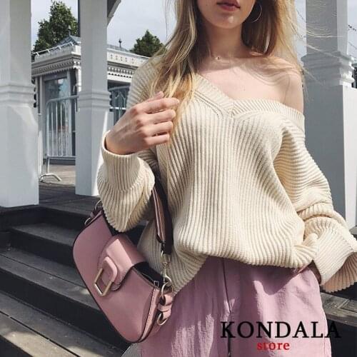 Women Sweater za 2020 Solid Beige Deep V-neck Sexy Cotton Sweaters Female Long Sleeve Casual Knitted Sweaters Mujer Chic Tops