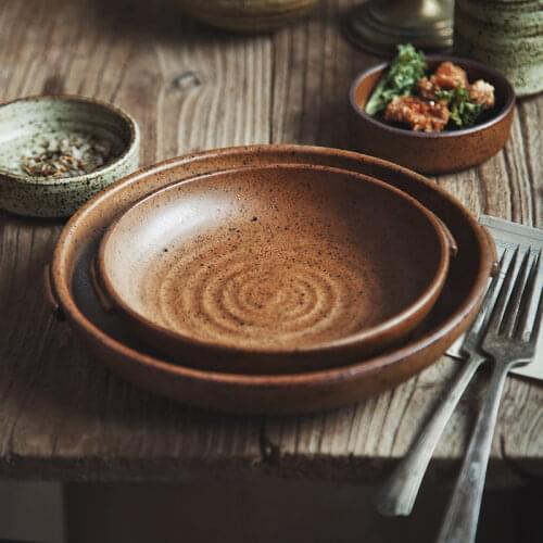 1PC RELMHSYU Japanese Style Ceramic Handmade Retro Round Western Dishes Steak Dinner Plate Rice Bowl Tea Cup Home Restaurant