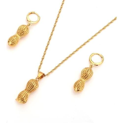 18 k Solid Fine Gold GF Dubai India peanut vintage dangle Earrings Necklace Jewelry Sets Women Girls party jewellery