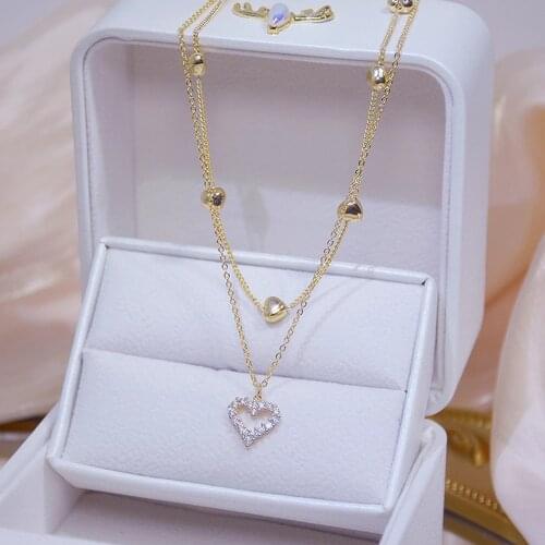 2021 Fashion Jewelry 14K Gold Double Layer Clavicle Chain Shining Bling AAA Zircon Heart Necklaces For Women Wedding Party