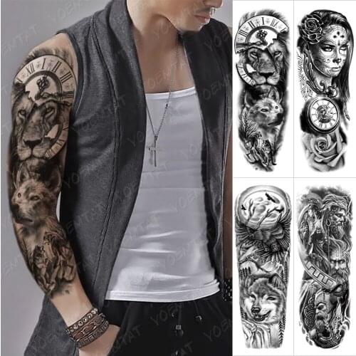Large Arm Sleeve Tattoo Clock Lion Wolf Waterproof Temporary Tatto Sticker Rose Forest Eagle Moon Body Art Full Fake Tatoo Women