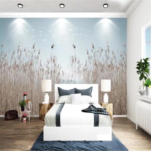 Milofi large mural wallpaper new Chinese Nordic simple flowers grass reed refreshing bedside background wall