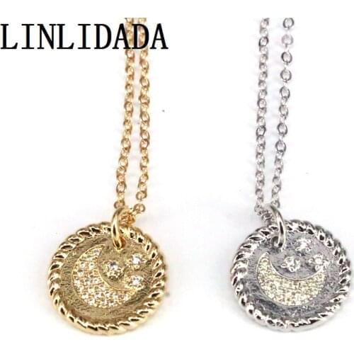 10Pcs White CZ Cubic Zirconia Paved MOON Chain Pendant Necklaces For Women Crystal Round Charm Necklace Jewelry