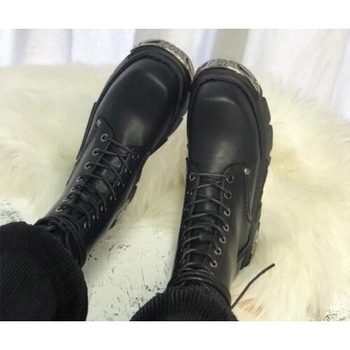 Iron Decoration Black Leather Girls Punk Rock Style Thick Bottom Lace Up Front Round Toe Short Motorcycle Ankle Boots Cheap