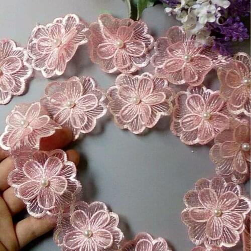 2 Yard Pink 5CM Pearl Flower DIY Soluble Wedding Lace Trim Knitting Embroidered Handmade Patchwork Ribbon Sewing Supplies Craft
