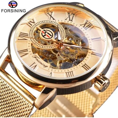Forsining Transparent Skeleton 2020 Fashion 3D Logo Engraving Golden Mesh Men Mechanical Watch Luxury Relogio Masculino