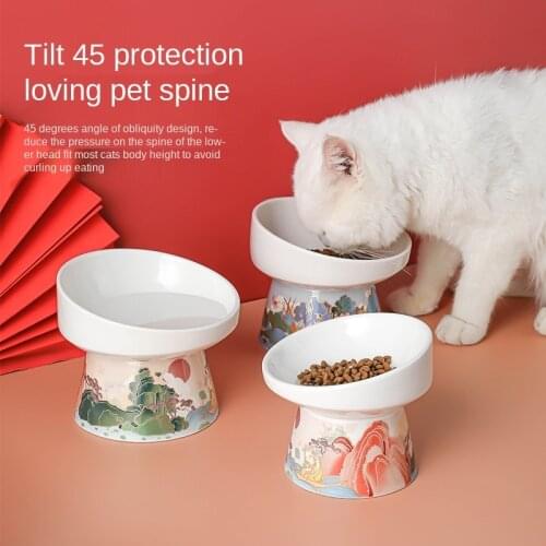 Ceramic Cat Bowl Feeder with Mat Raised Stand Bone China Cervical Protect Food Water Ceramic Bowl for Cat Small Dog Pet Supplies