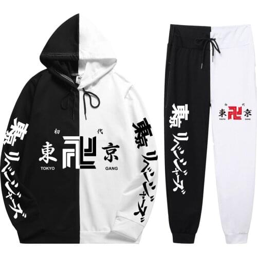 2021 New Fashion Summer Autumn Unisex 2 Pieces Sets Anime Tokyo Revengers Print Loose Patchwork Thin Hoodie+Patchwork Pants