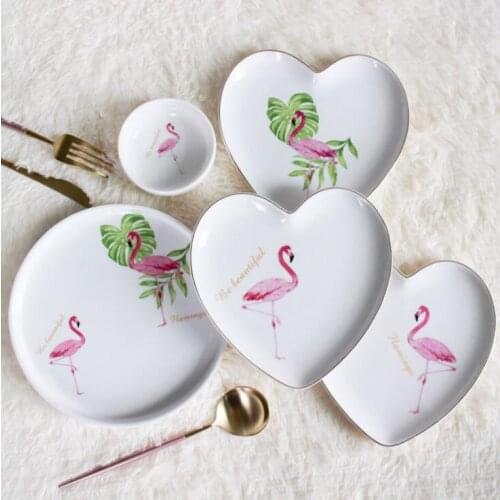 Creative Boutique Heart Shape Flamingo Ceramic Gold-plated Fruit Salad Plate Ceramic Plate Steak Plate Fashion Breakfast Plate