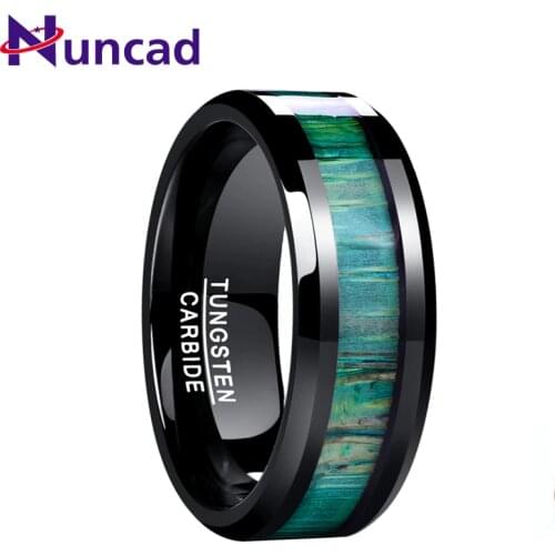 NUNCAD 100% Tungsten Carbide Male Ring Inlaid Green Wood Striped Surface 8MM Wide Wedding Bands Men Rings Fine Jewelry