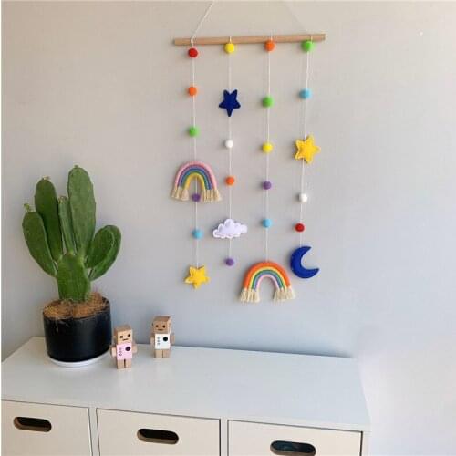 Nordic Kids Room Handmade Weaving Rainbow Wall Hanging Ornaments With Felt Ball Home Decor Wooden Stick Tassel Pendant Best Gift