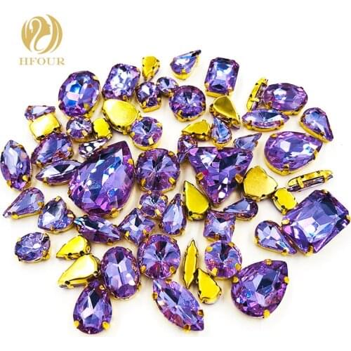 New Product Gold base mixed shape Crystal Violet glass flatback sew on rhinestones with claw DIY Wedding dress Accessories