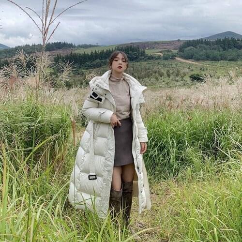 Extra long down jacket 2019 new womens middle long style over the knee to ankle, slim and slim, waistband tie coat