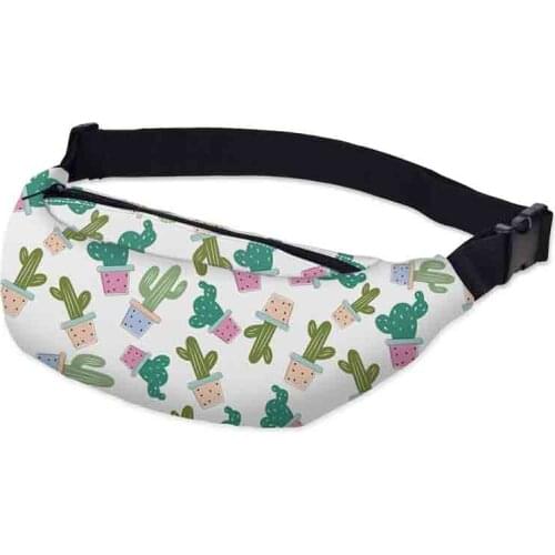 Full Cactus Pattern Prints Waist Bags Women Fanny Pack Female Belt Bag White Geometric Waist Packs Laser Chest Phone Pouch