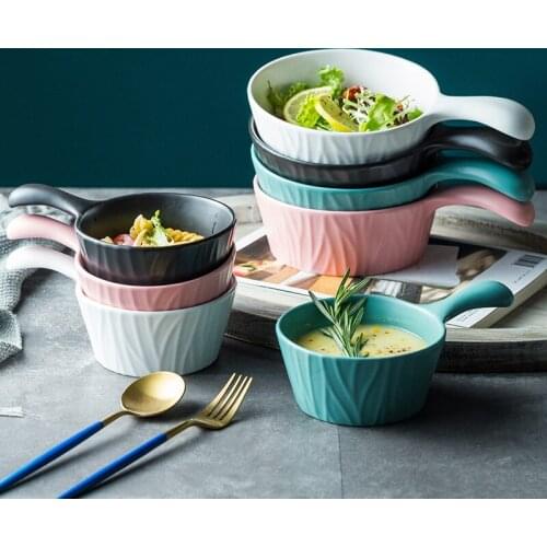 Tree pattern salad bowl with handle individual household Japanese ceramic bowl single person dessert fruit bowl steamed egg bowl