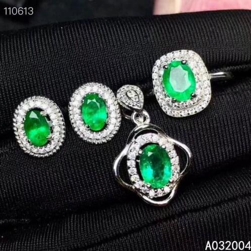 KJJEAXCMY Fine Jewelry 925 sterling silver inlaid natural emerald ring pendant earring set exquisite supports test
