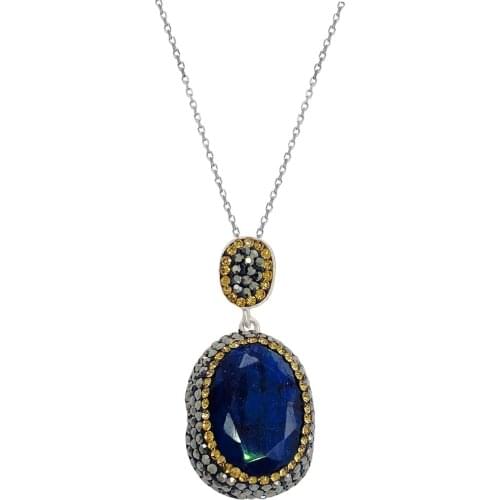 Blue Sapphire Natural Stone Silver Women Necklace Midyat Silver