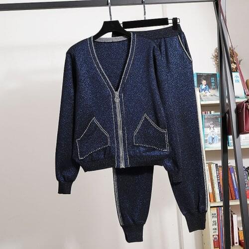 Navy blue Bright silk Knitted Tracksuit Set Women Vintage V-Neck Cardigan Sweater Long Pants Outfits Female Loose Knitting Suit