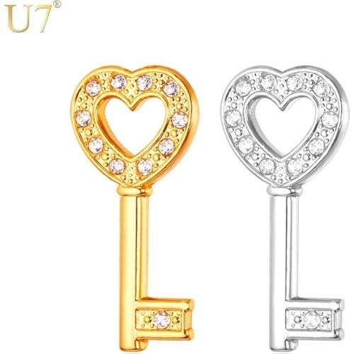 U7 Key Brooches With Heart Jewelry Women Romantic Gift Wholesale Gold Color Crystal Brooch Pin Key Jewelry B112