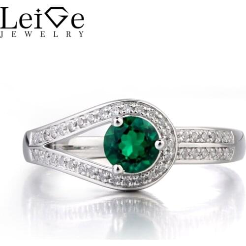 Leige Jewelry Engagement Ring Emerald Ring May Birthstone Round Cut Green Gemstone Solid 925 Sterling Silver Ring Gifts for Her