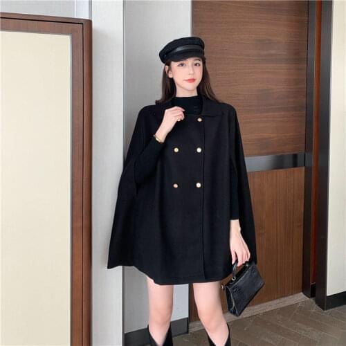 2021 Stylish Solid Cape Womens Poncho Coats Casual Sleeveless Outwears Female Double Breasted Lapel Overcoats Oversized
