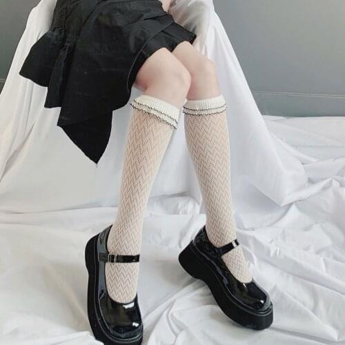 Lolita Lace Socks Women JK Wave Long Socks Girls Fungus White High Knee Socks Female Elastic Dress Calcetine Hosiery