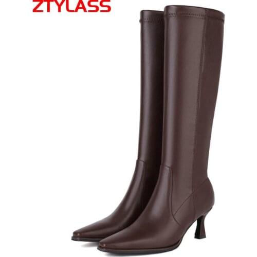 Women Boots Pu Leather Stretch Knee High Boots Sext High Heel Long Boots Autumn Winter Fashion Zipper Woman Shoes Black