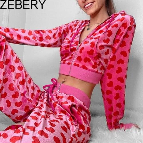 ZEBERY Pink Velvet Cute Y2K Hoodies Women Heart Print Kawaii Jackets Zip Up Long Sleeve Cropped Sweatshirts Autumn Tops