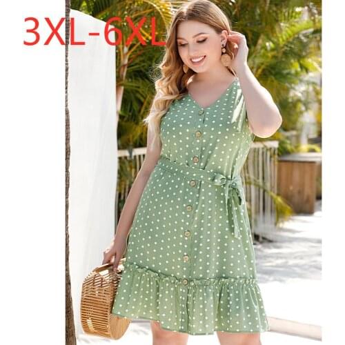 New 2021 summer plus size vest dress for women large sleeveless loose casual button green ruffle dot dress belt 3XL 4XL 5XL 6XL
